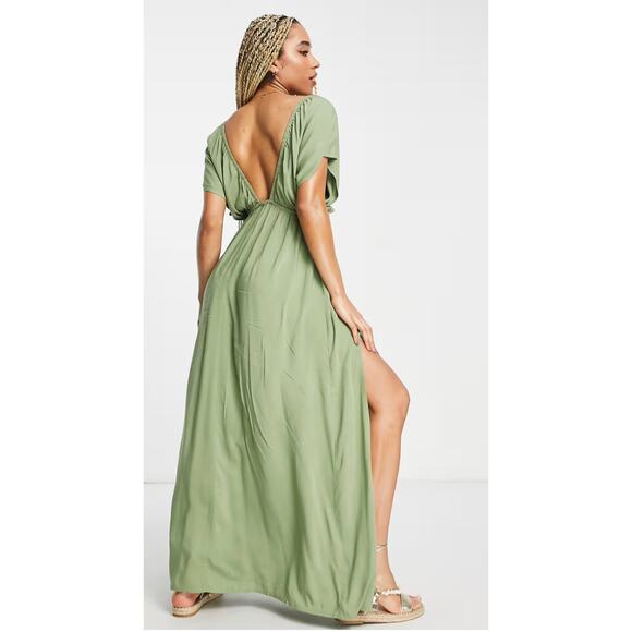 ASOS Design Flutter Sleeve Maxi Beach Dress in Khaki Green - KHAKI Women's sz. 6 - Picture 2 of 6